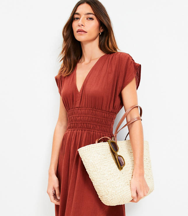 LOFT Beach Crinkle Smocked Midi Pocket Dress