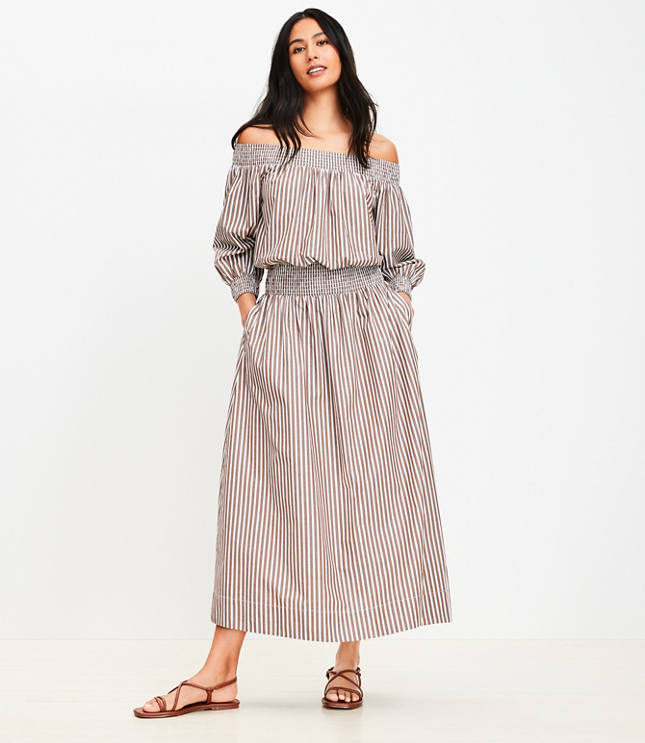 LOFT Beach Striped Poplin Smocked Midi Pocket Skirt