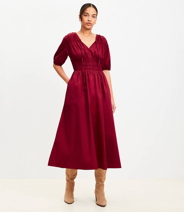 Shirred Tie Neck Midi Pocket Dress