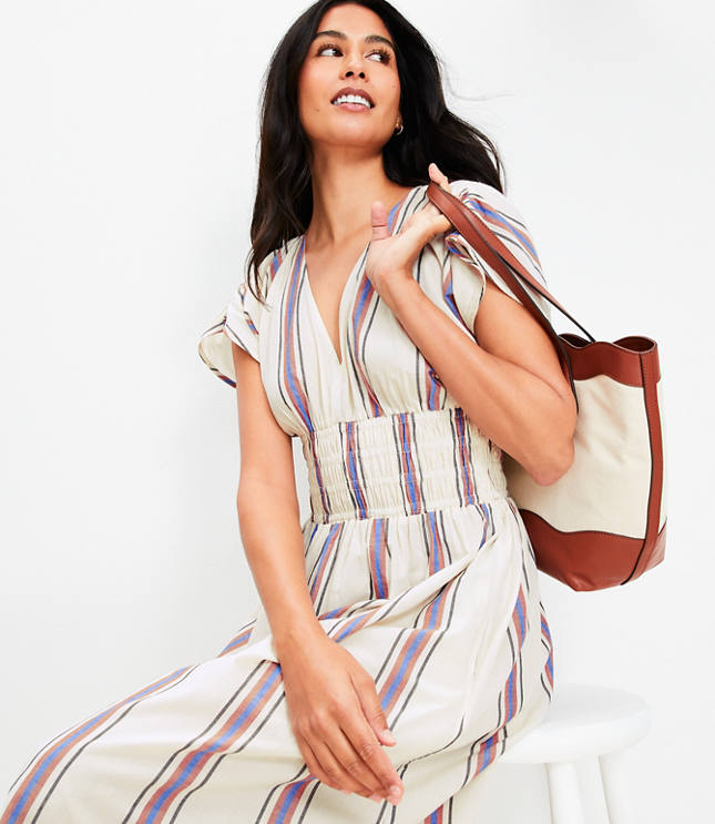 LOFT Beach Striped Smocked Midi Pocket Dress