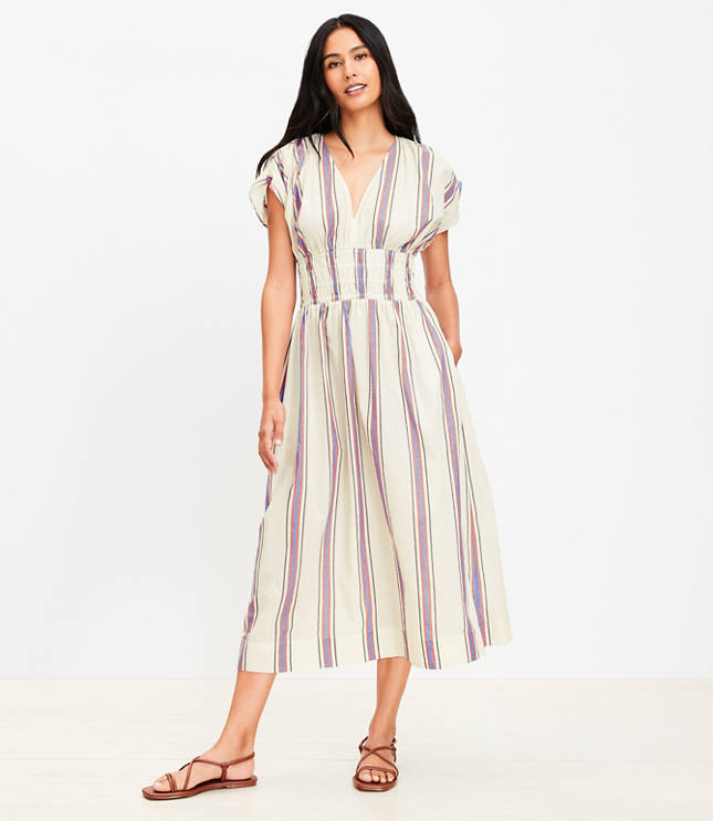 LOFT Beach Striped Smocked Midi Pocket Dress