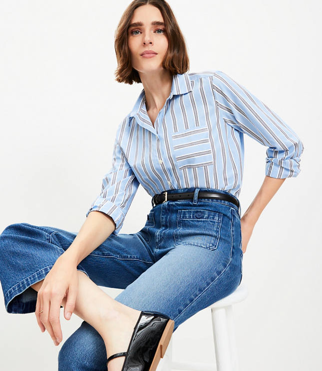 Petite Striped Cotton Poplin Everyday Relaxed Pocket Shirt