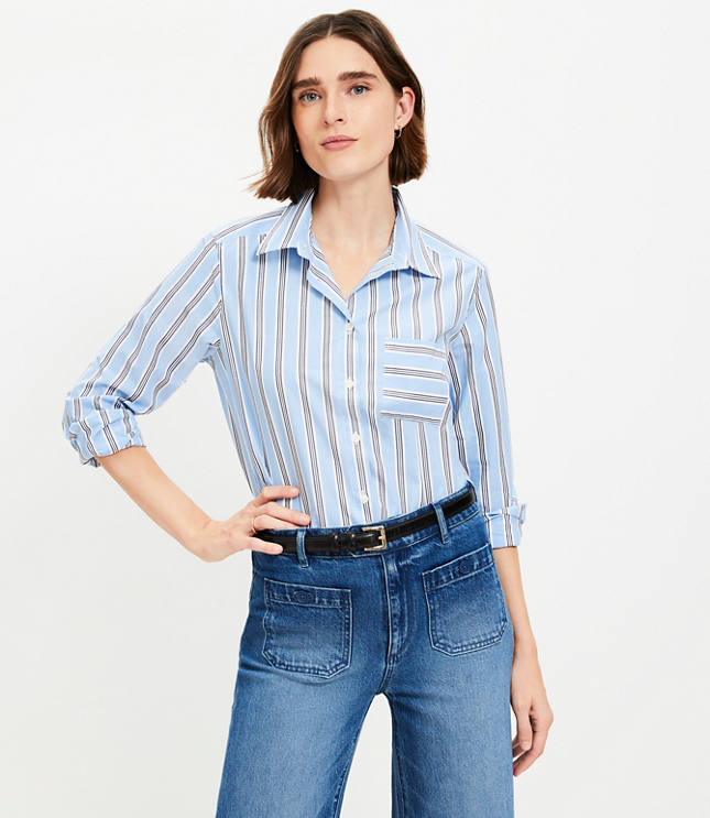 Petite Striped Cotton Poplin Everyday Relaxed Pocket Shirt