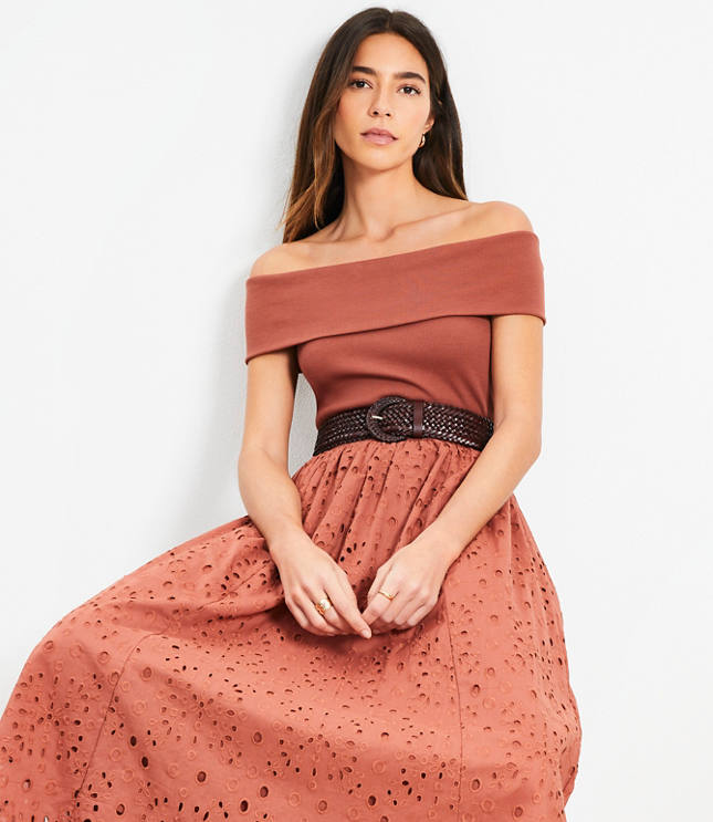 Loft Eyelet Off The Shoulder Midi Dress