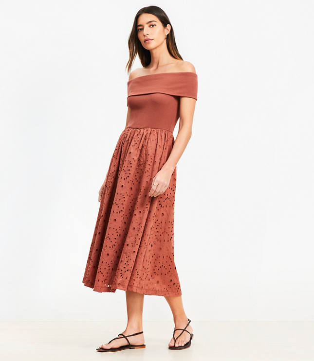 Eyelet Off The Shoulder Midi Dress