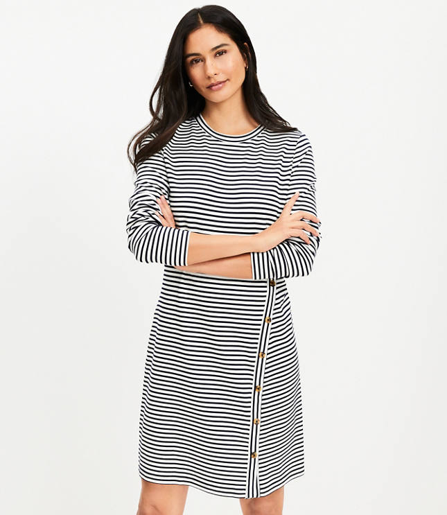 Petite Striped Side Button Long Sleeve Mini Dress