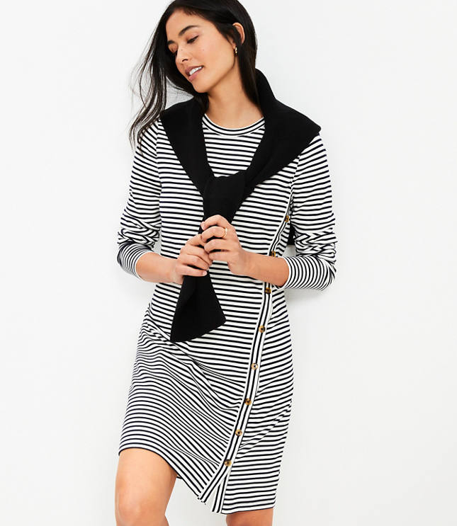 Petite Striped Side Button Long Sleeve Mini Dress