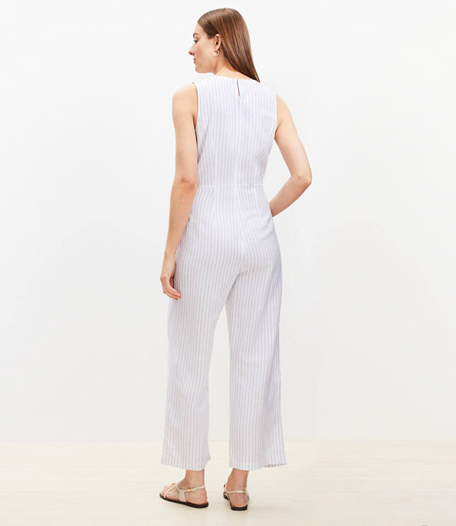 Striped Tie Front Linen Blend Jumpsuit