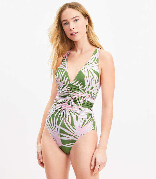 LOFT Beach Island Frond Ruched Cross Back One Piece Swimsuit