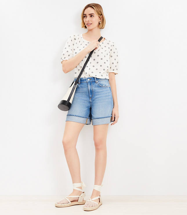 Petite Cuffed High Rise Denim Shorts in Vintage Light Indigo Wash