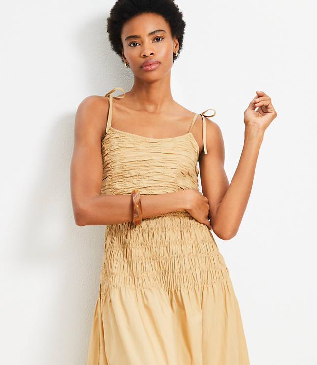 Tie Strap Smocked Poplin Midi Dress
