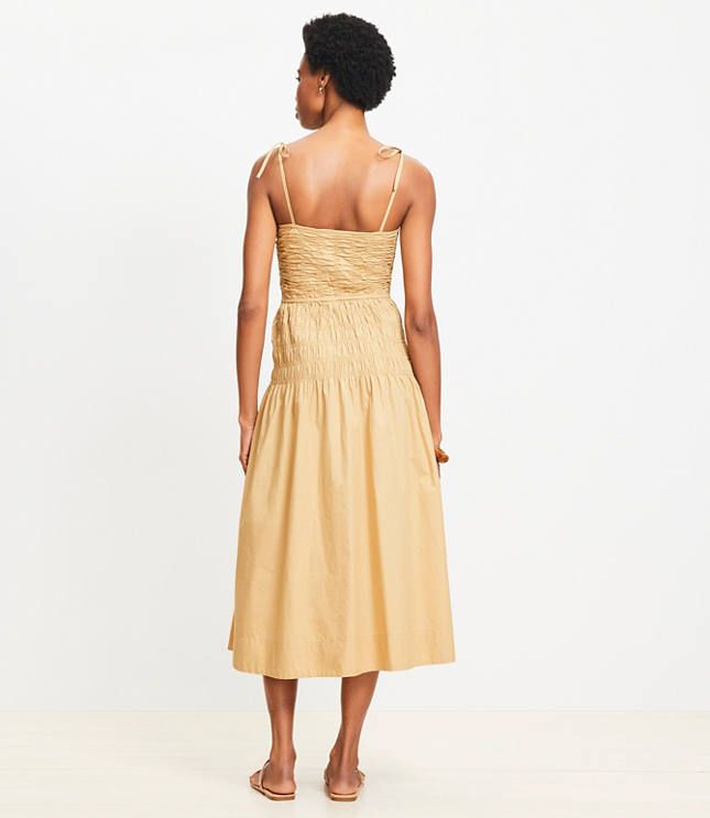Tie Strap Smocked Poplin Midi Dress