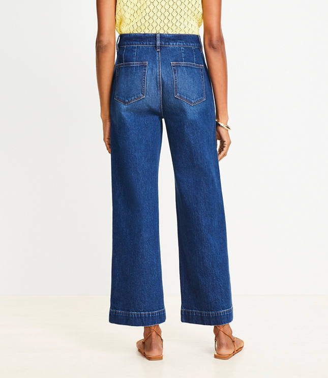 Pintucked High Rise Wide Leg Crop Jeans Dark Wash