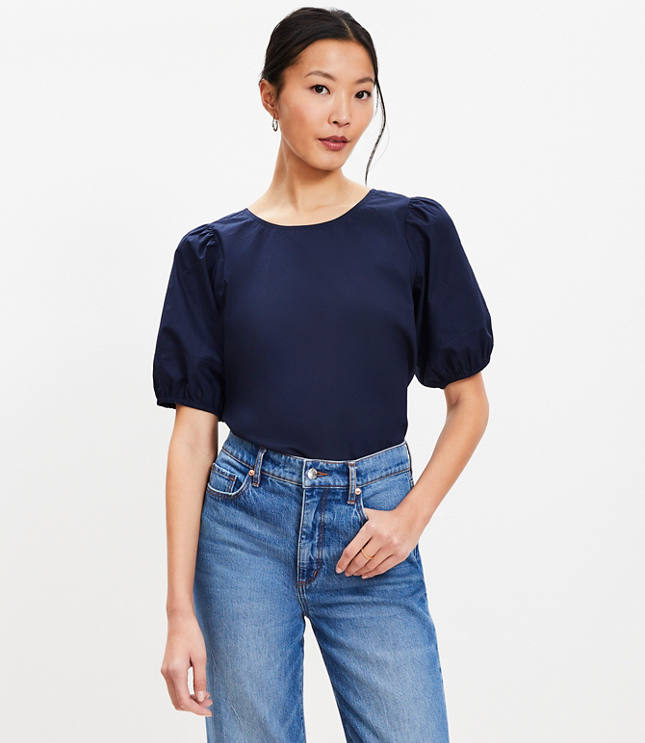 Poplin Cutout Back Bubble Sleeve Top