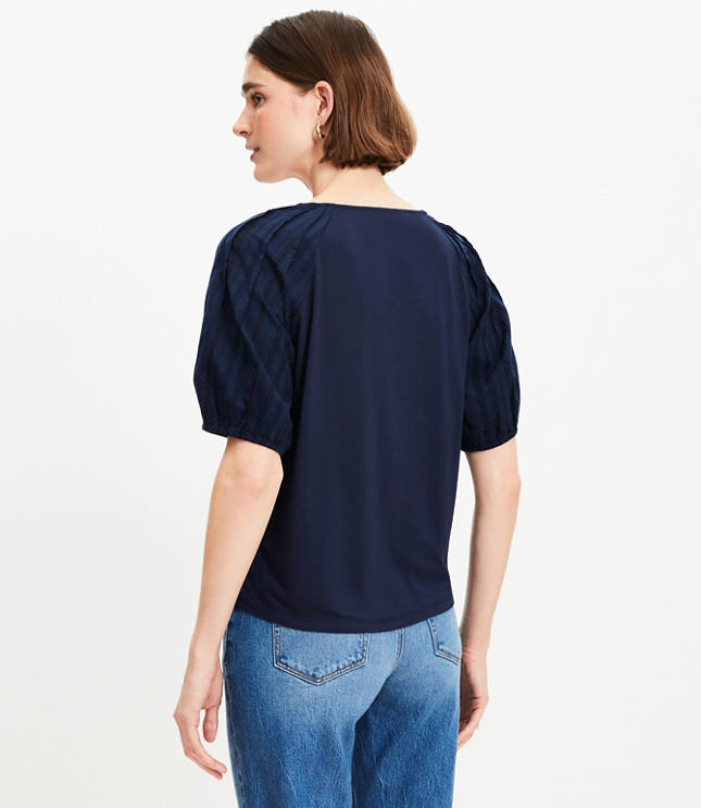 Dobby Bubble Sleeve Mixed Media Blouse