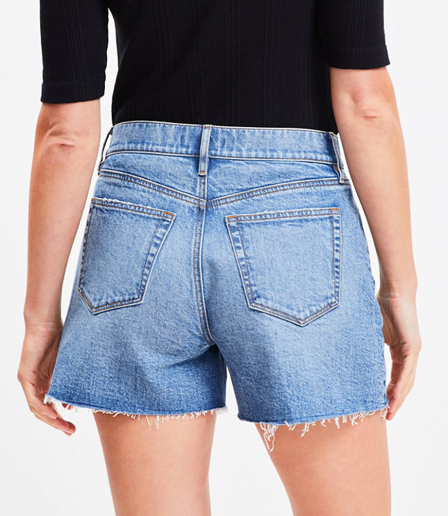 Petite Destructed High Rise Cut Off Denim Shorts in Authentic Dark Wash