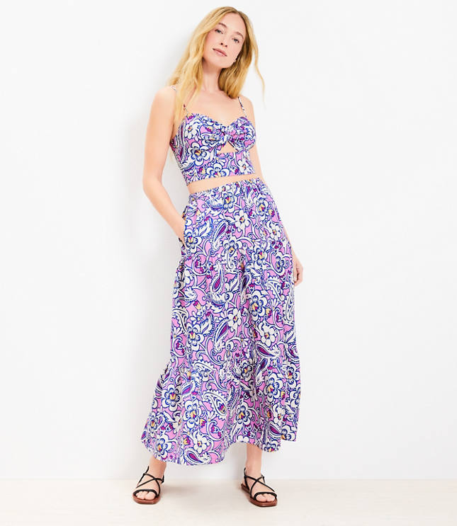 Petite LOFT Beach Paisley Linen Blend Tiered Maxi Pocket Skirt