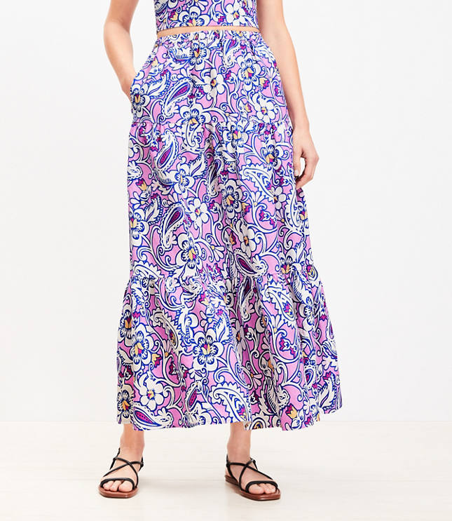 Petite LOFT Beach Paisley Linen Blend Tiered Maxi Pocket Skirt