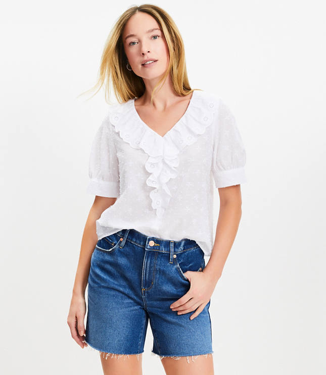Clip Eyelet Ruffle Puff Sleeve Blouse