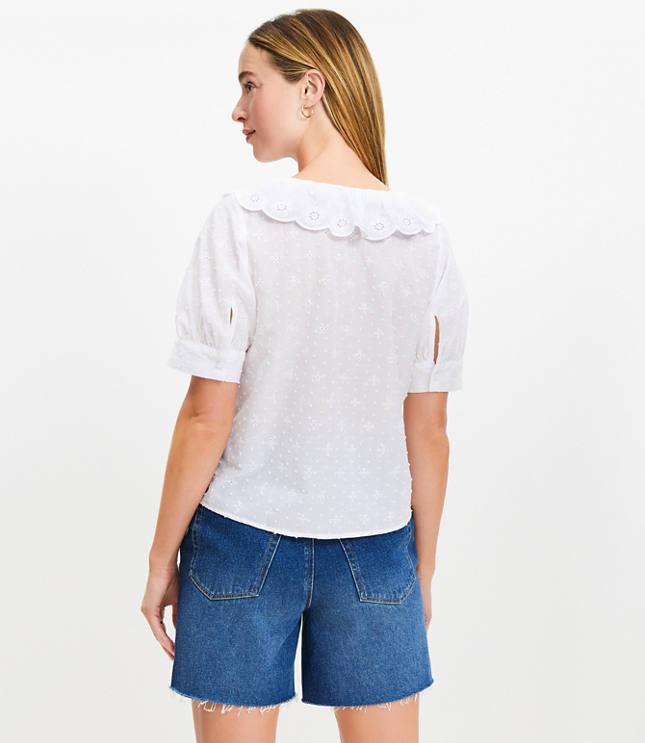 Clip Eyelet Ruffle Puff Sleeve Blouse