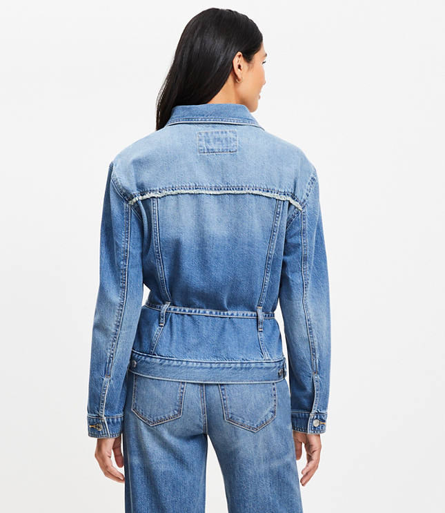 Petite Tie Waist Denim Trucker Jacket in Luxe Medium Wash