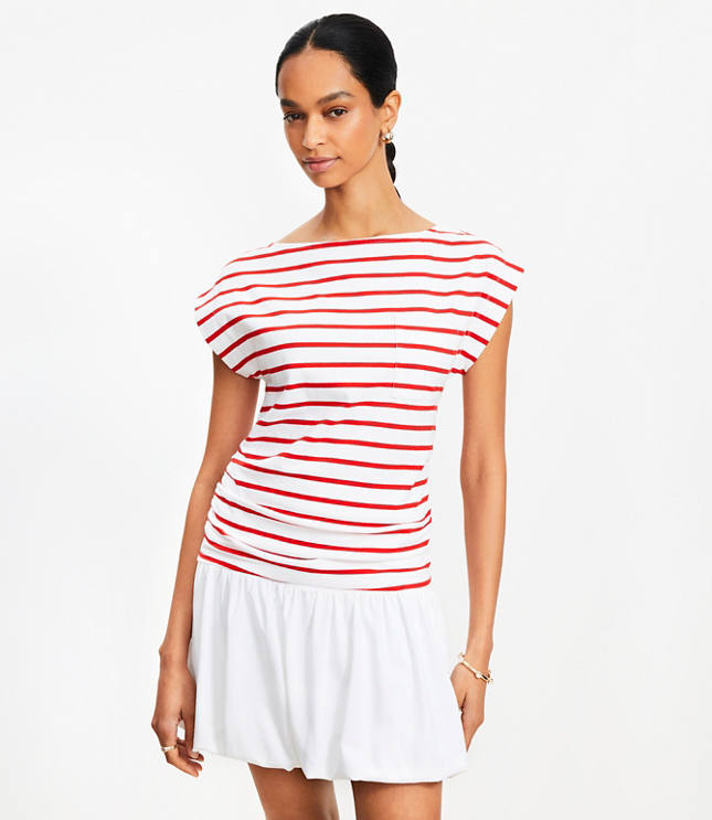 Stripe Ruched Boatneck Pocket Tee