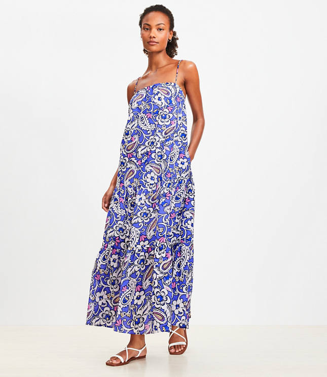 Petite LOFT Beach Paisley Square Neck Tiered Maxi Dress