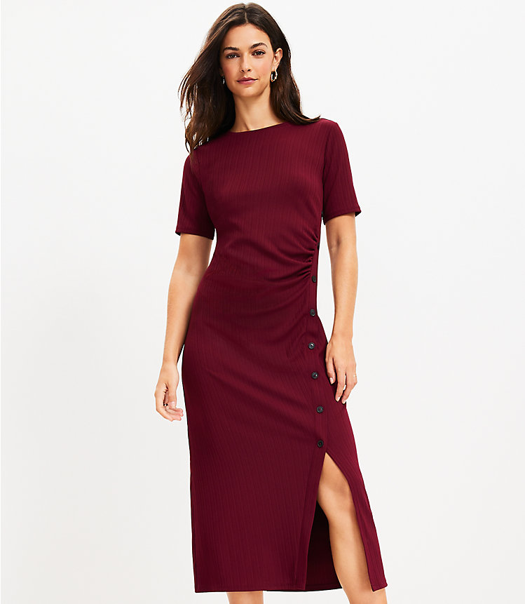 Ribbed Button Trim Midi Dress image number null