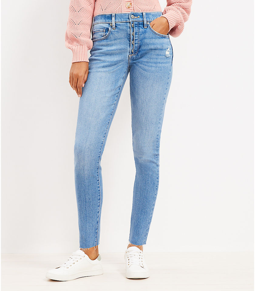 Button Front High Rise Skinny Jeans in Destructed Mid Wash