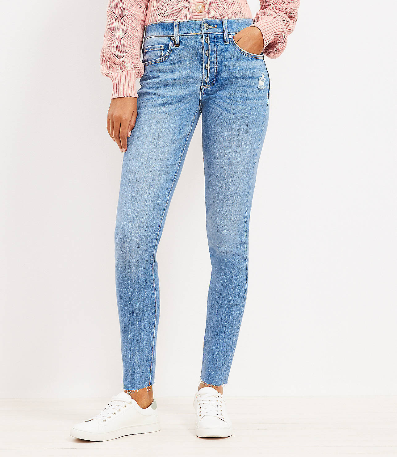 Button Front High Rise Skinny Jeans in Destructed Mid Wash