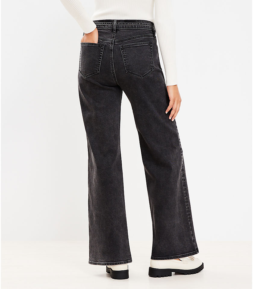 Belted High Rise Wide Leg Jeans in Washed Black Wash