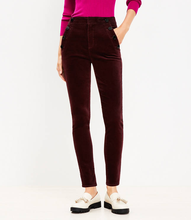 Red velvet mid rise womens skinny pants with pockets