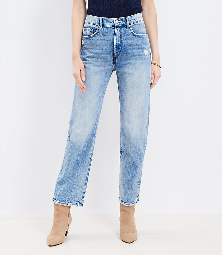 Petite High Rise Straight Jeans in Light Vintage Indigo Wash image number 0