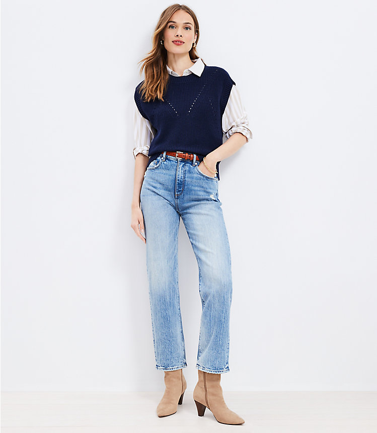Petite High Rise Straight Jeans in Light Vintage Indigo Wash image number 1