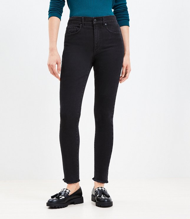 Curvy Frayed High Rise Skinny Jeans in Washed Black Wash