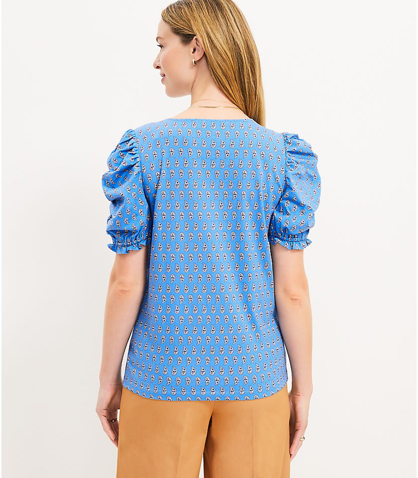 Petite Paisley Ruffle Cinched Sleeve V-Neck Top