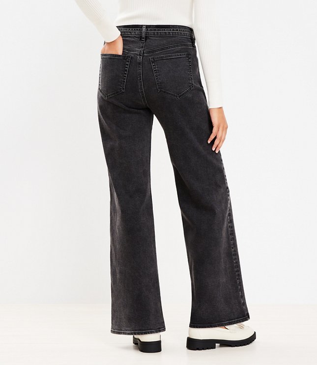 Petite Belted High Rise Wide Leg Jeans in Washed Black Wash