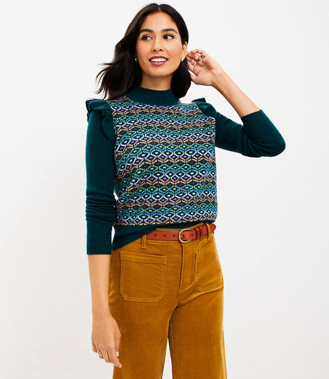 Petite Geo Jacquard Ruffle Mock Neck Sweater