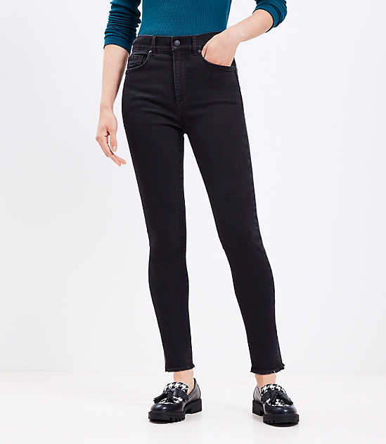 Petite Frayed High Rise Skinny Jeans in Washed Black Wash