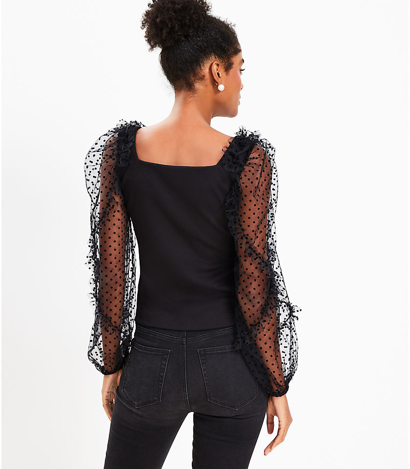Dotted Sheer Sleeve Mixed Media Top
