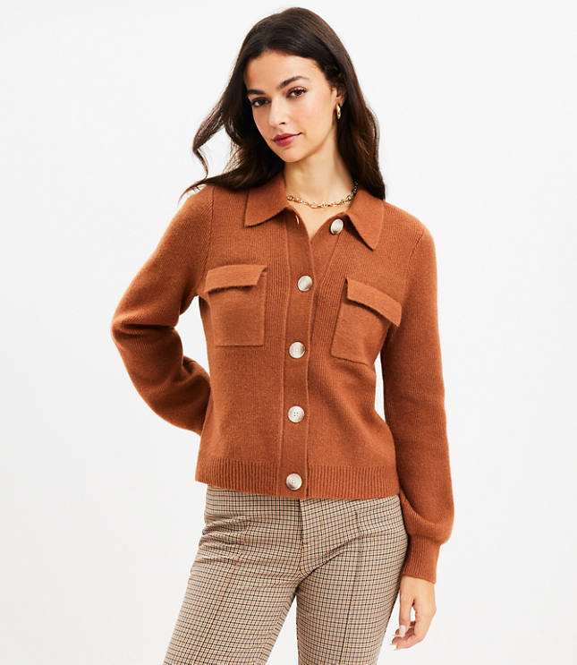 Petite Collared Pocket Sweater Jacket