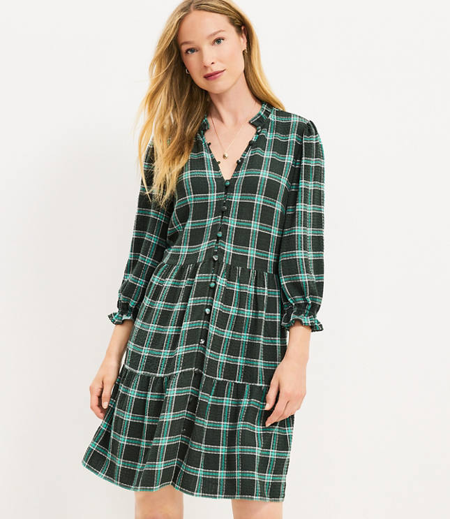 Petite Plaid Ruffle Button Swing Dress