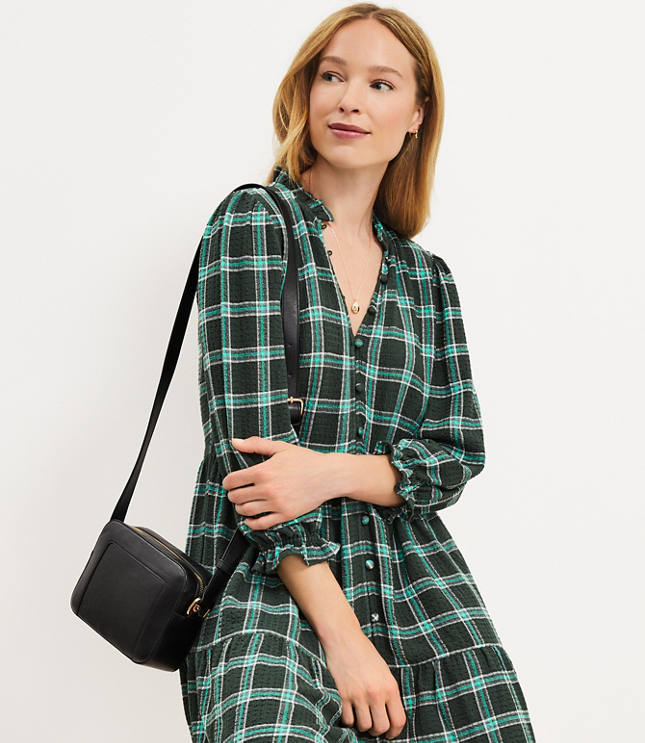 Petite Plaid Ruffle Button Swing Dress