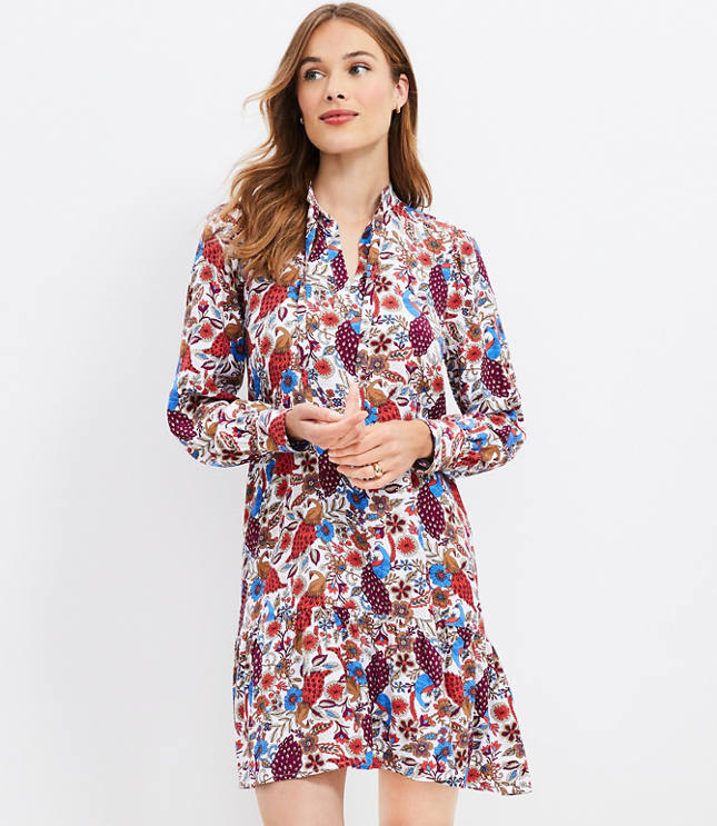 Petite Peacock Tie Neck Flounce Swing Dress