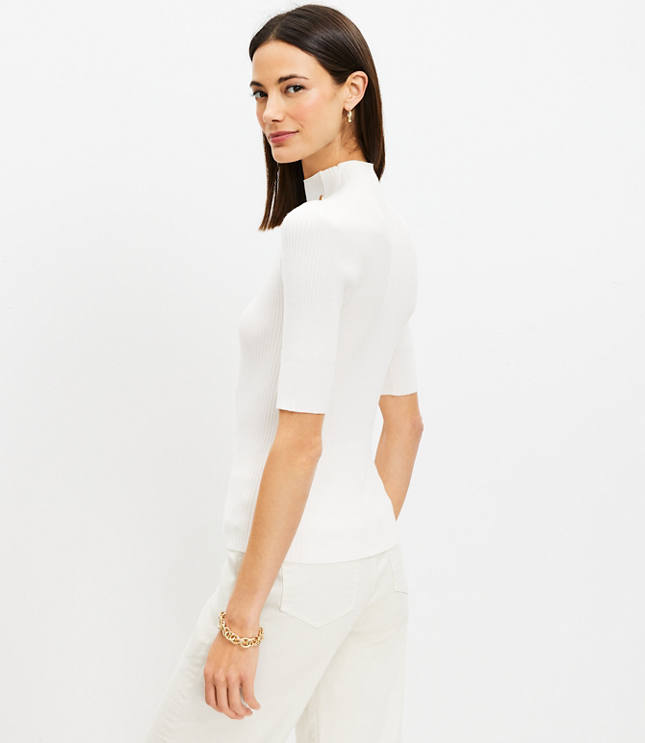 Ribbed Shoulder Button Mock Neck Sweater