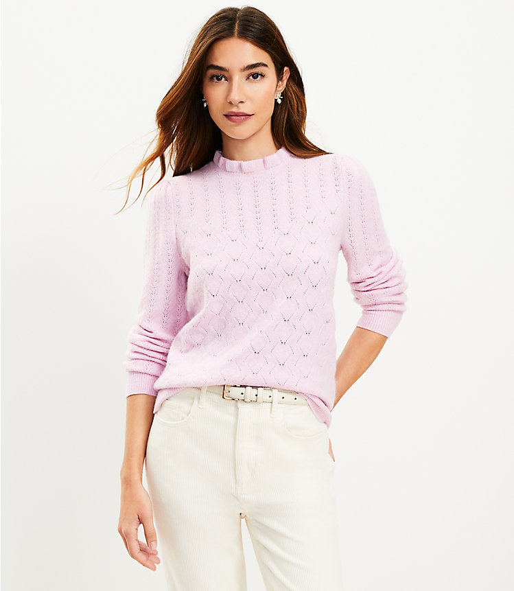 Pointelle Ruffle Neck Sweater image number null