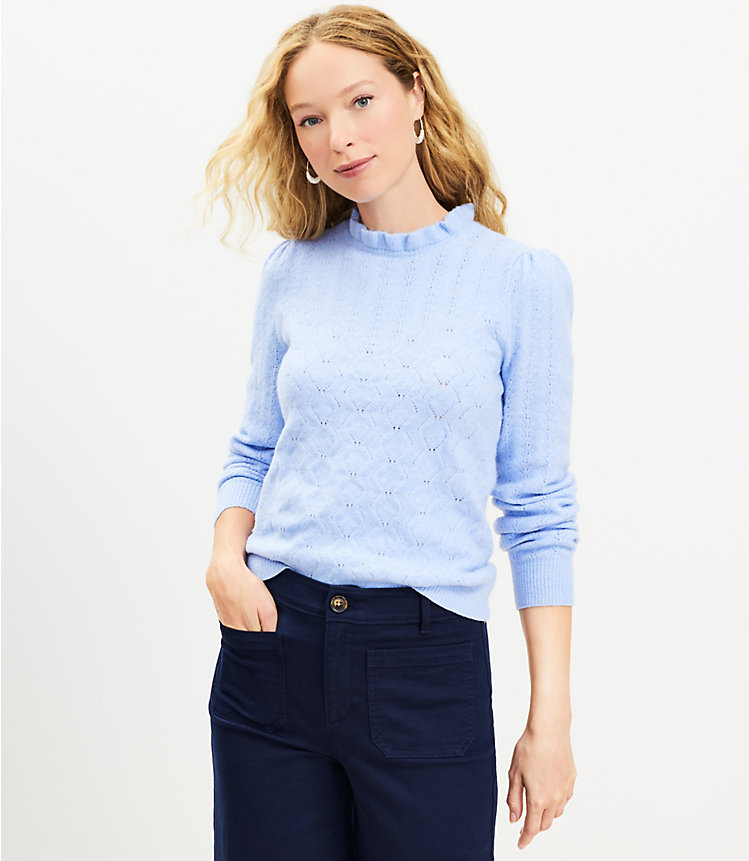 Pointelle Ruffle Neck Sweater image number null