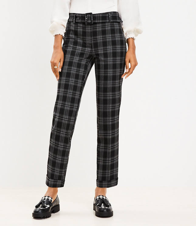 Petite Belted Devin Slim Pants in Plaid