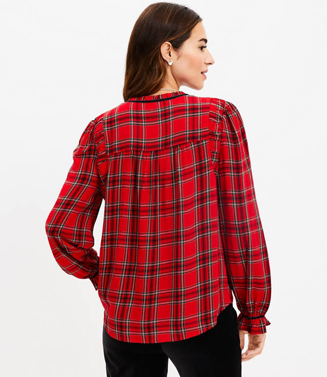 Plaid Ruched Ruffle Neck Blouse