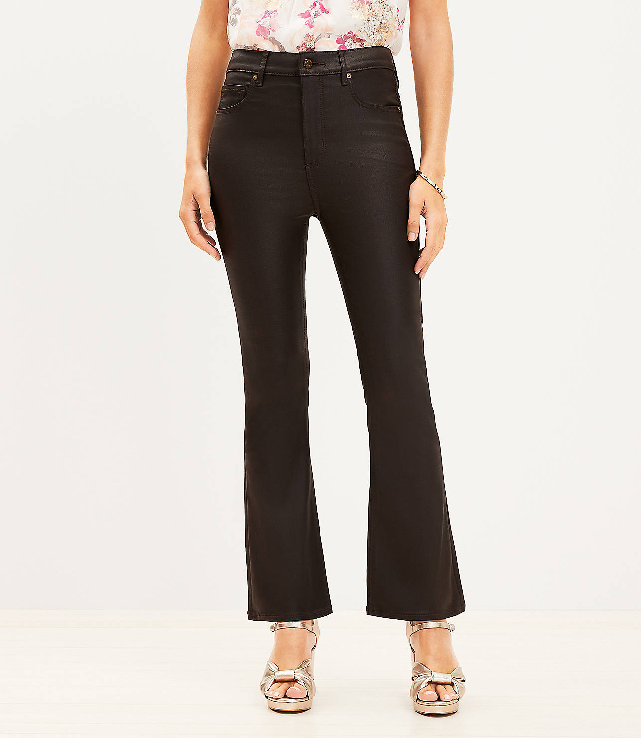 Coated High Rise Kick Crop Jeans in Brown